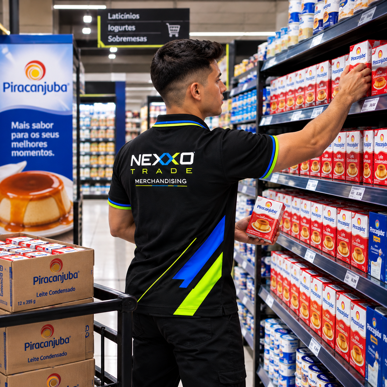 Promotor Nexxo Trade abastecendo produtos Piracanjuba no supermercado
